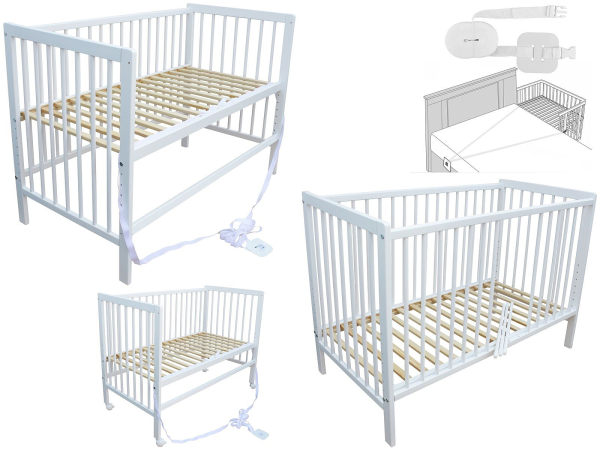 Kinderbett - Beistellbett - Babybett 120x60cm mit Gurt und Rädern weiß